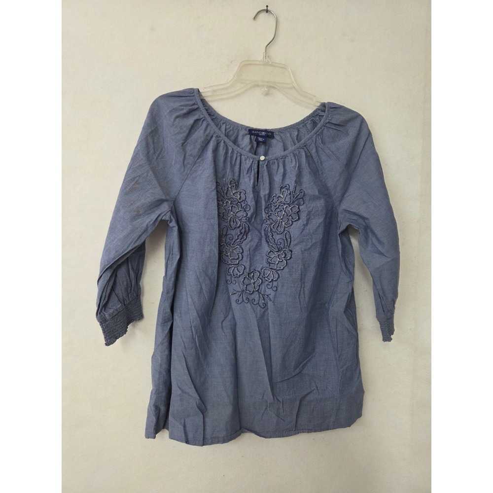 Bandolino Dillian Blouse Womens Medium Blue Embroidered Cotton Peasant Top